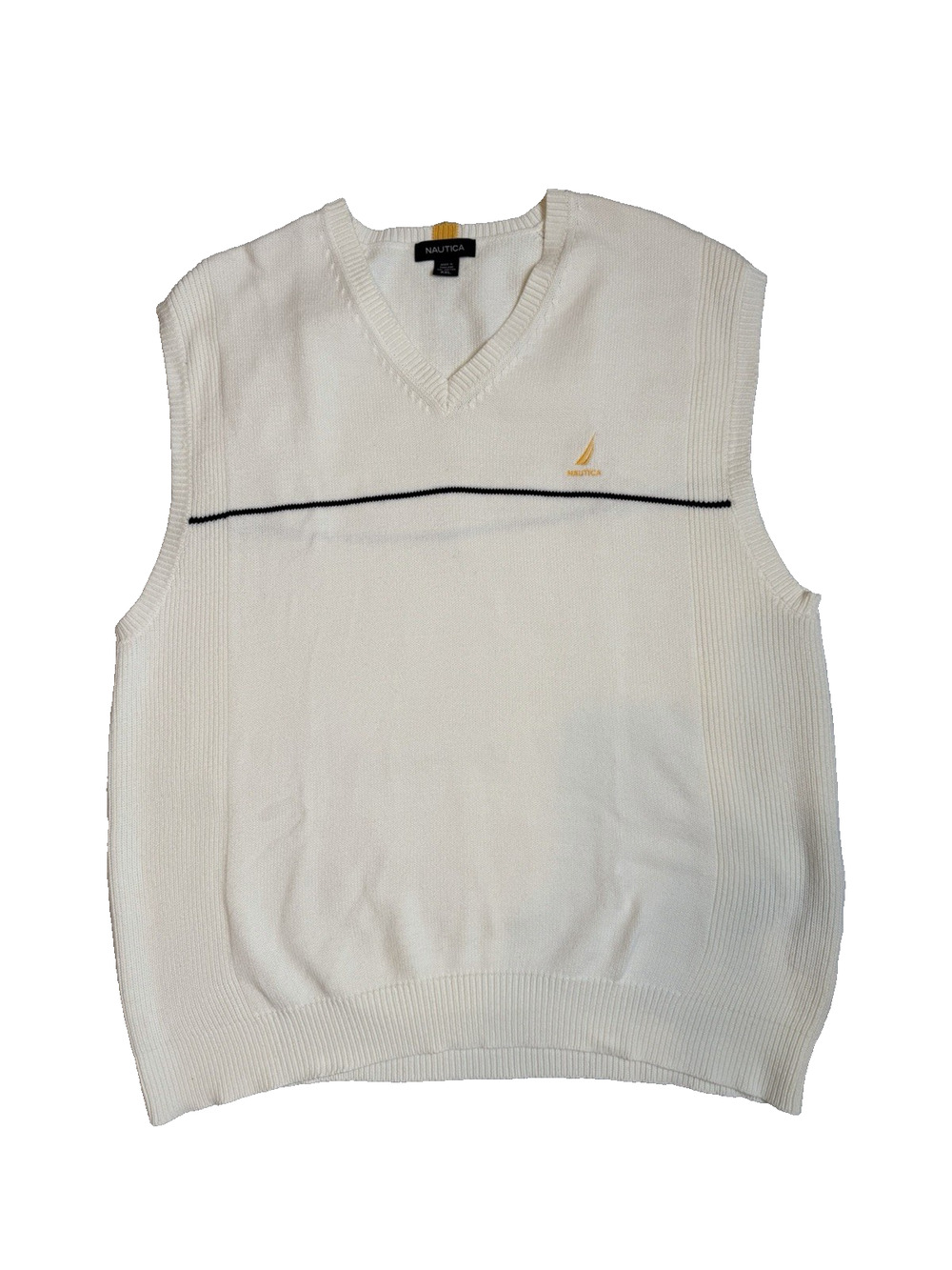 Nautica Men’s Cotton Knit Vest Size 2XL Ivory With Blue Stripe Yellow Logo